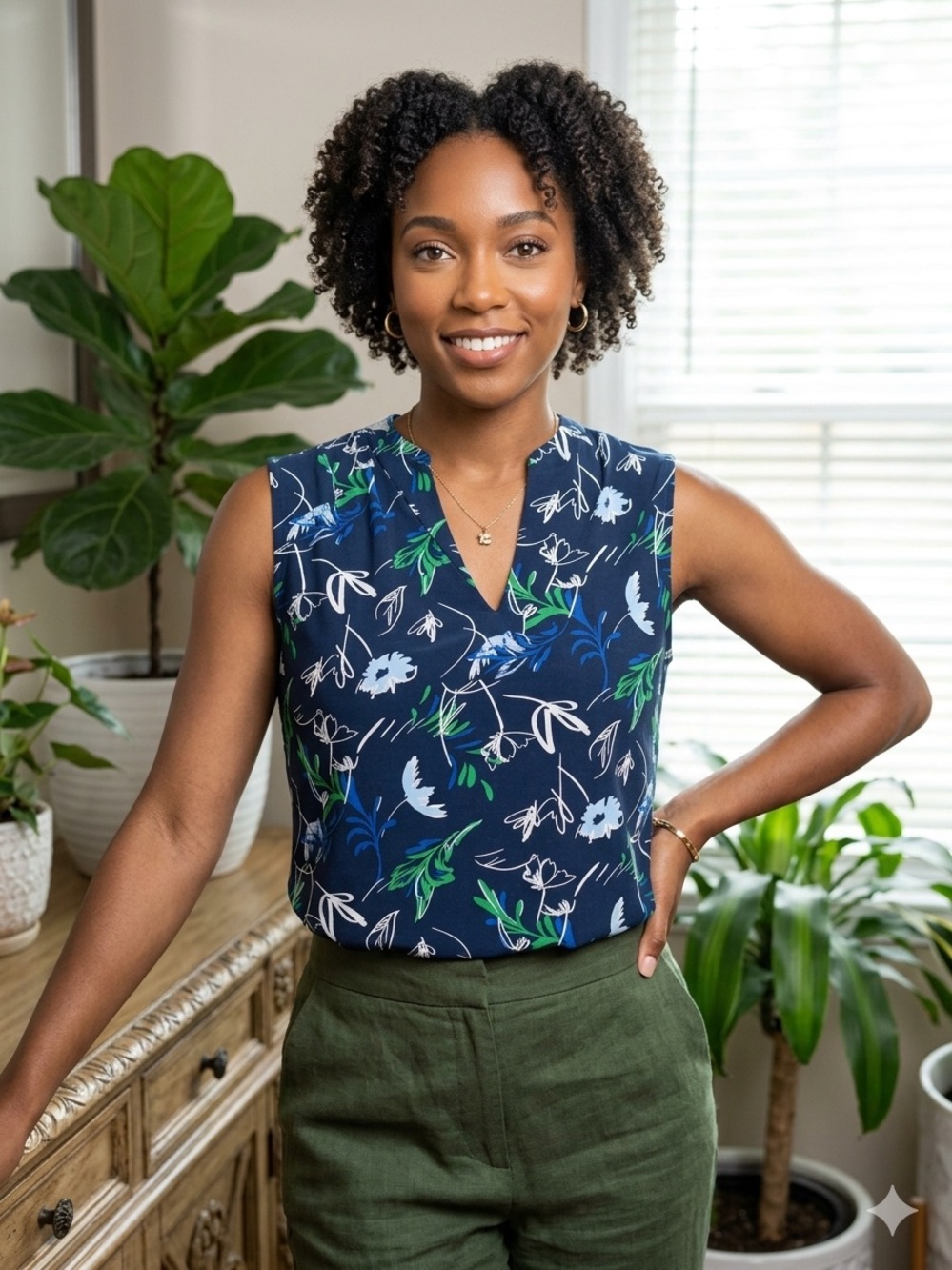 Halogen Navy Floral V-Neck Sleeveless Camisole